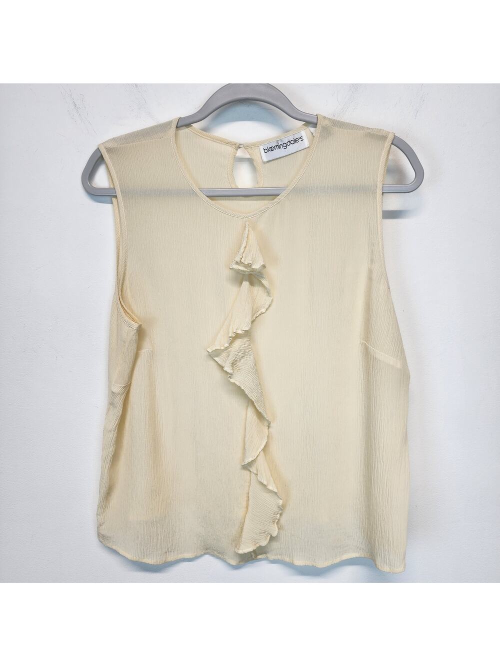 Bloomingdales Womens Ruffle Blouse Size L 16W Cream Sleeveless 100% Silk Vtg